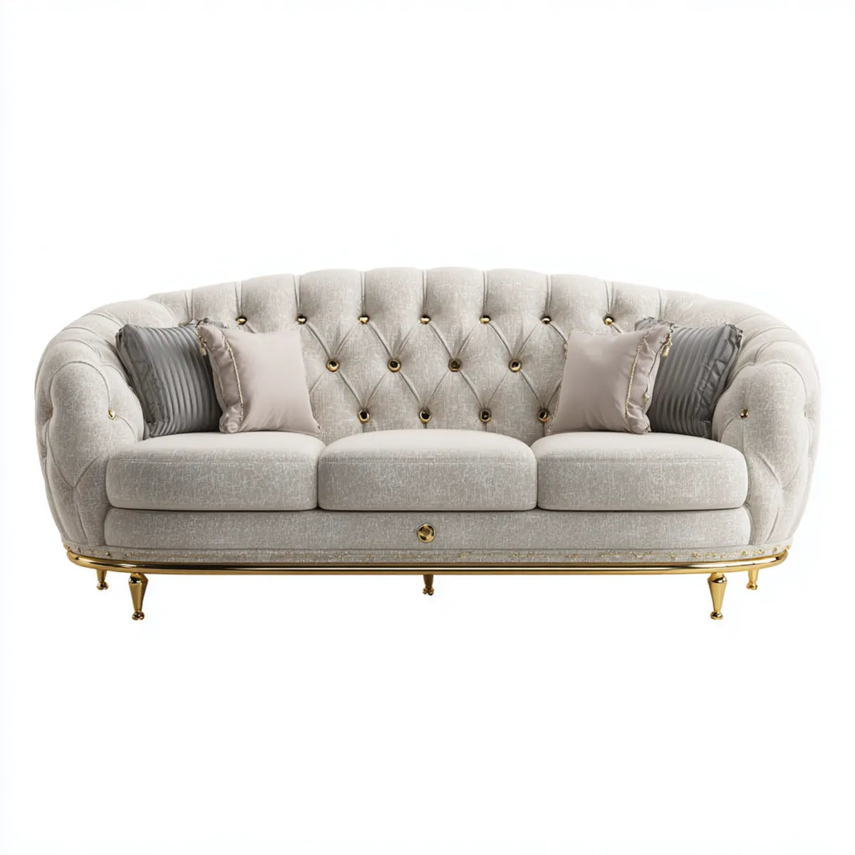 3-Sitzer Sofa Hellgrau mit Chesterfield-Steppung Polyester-Samt Goldfarbene Stahlfüße 230 x 95 x 85 cm
